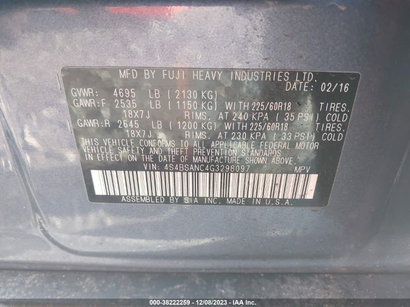 2016 SUBARU OUTBACK 2.5I LIMITED - 4S4BSANC4G3298097