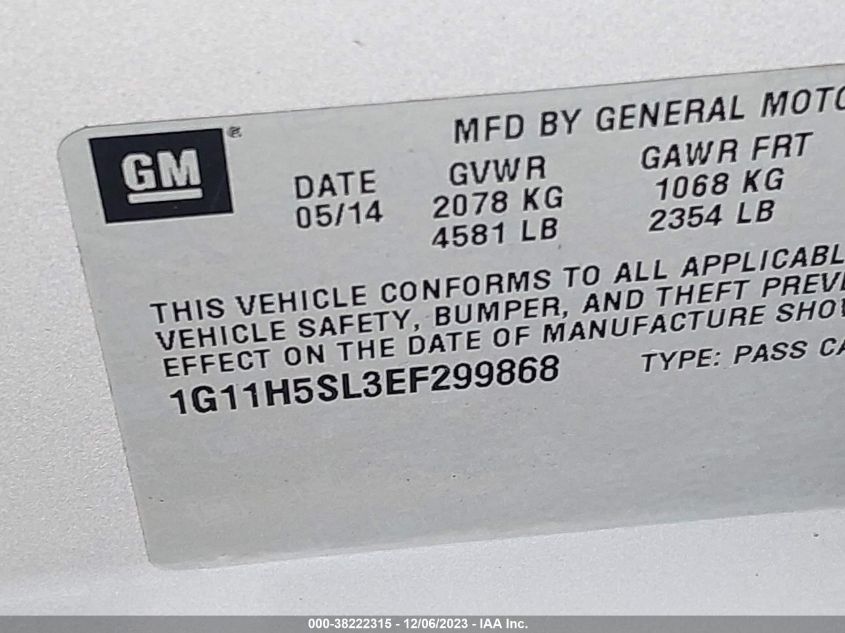2014 CHEVROLET MALIBU 1LZ - 1G11H5SL3EF299868
