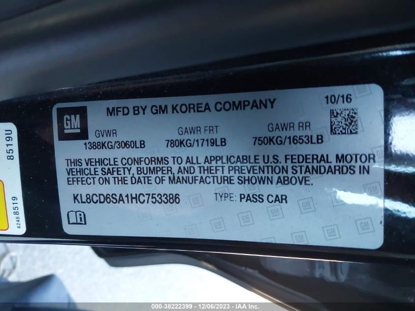 2017 CHEVROLET SPARK 1LT CVT - KL8CD6SA1HC753386