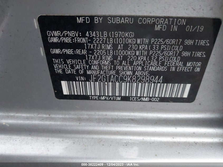 VIN JF2GTACC9K8298944 2019 SUBARU CROSSTREK PREMIUM