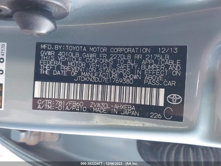 2014 TOYOTA PRIUS - JTDKN3DU7E1769380