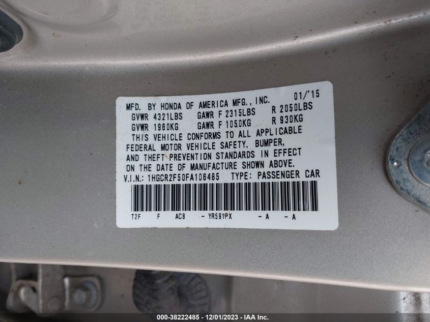 2015 HONDA ACCORD SPORT - 1HGCR2F50FA106485