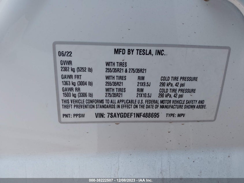 VIN 7SAYGDEF1NF488695 2022 TESLA MODEL Y