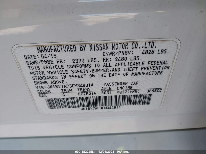 2015 INFINITI Q50 - JN1BV7AP3FM344814