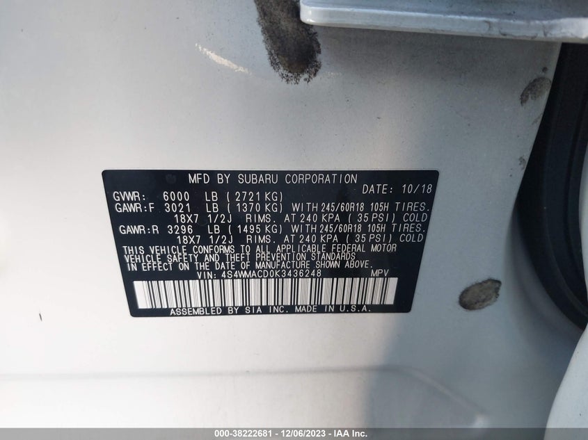 VIN 4S4WMACD0K3436248 2019 SUBARU ASCENT PREMIUM