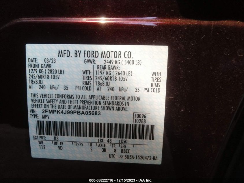 2FMPK4J99PBA05683 2023 FORD EDGE, photo no. 9