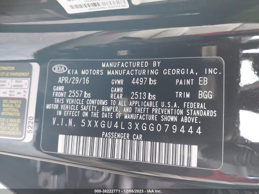 2016 KIA OPTIMA EX - 5XXGU4L3XGG079444