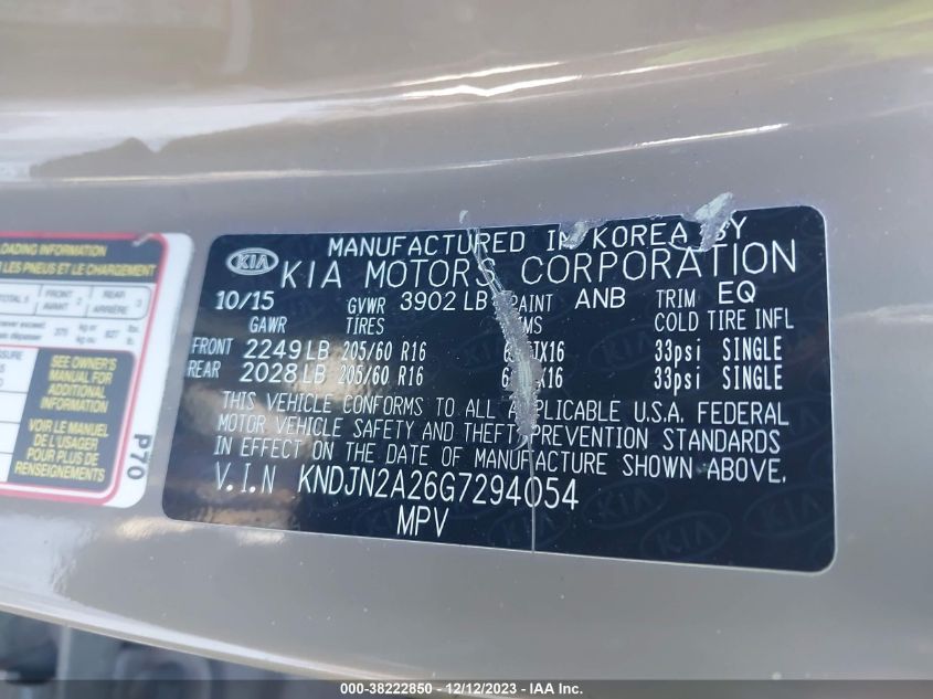 2016 KIA SOUL - KNDJN2A26G7294054