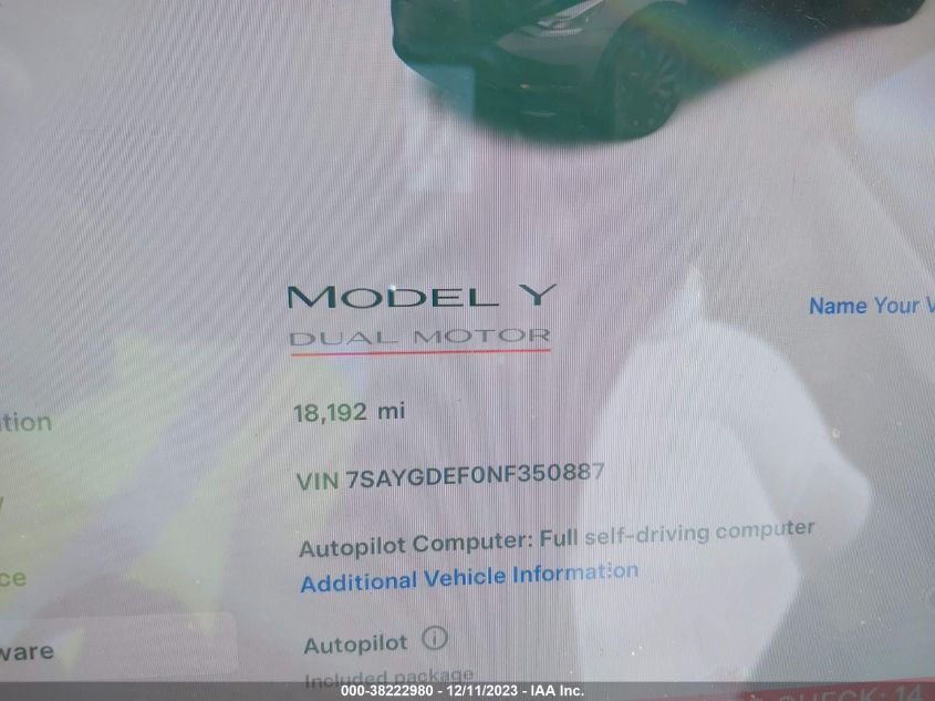 2022 TESLA MODEL Y PERFORMANCE DUAL MOTOR - 7SAYGDEF0NF350887