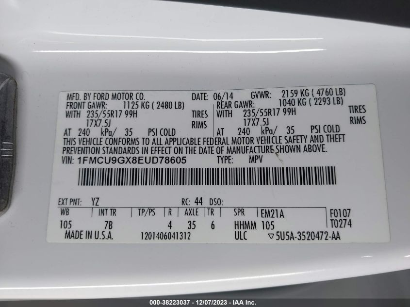 2014 FORD ESCAPE SE - 1FMCU9GX8EUD78605