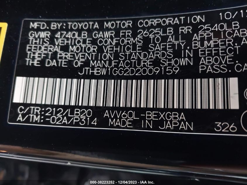 2013 LEXUS ES 300H HYBRID - JTHBW1GG2D2009159