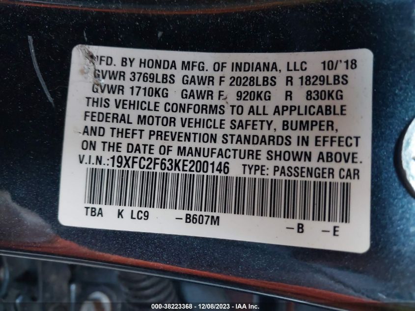 2019 HONDA CIVIC LX - 19XFC2F63KE200146