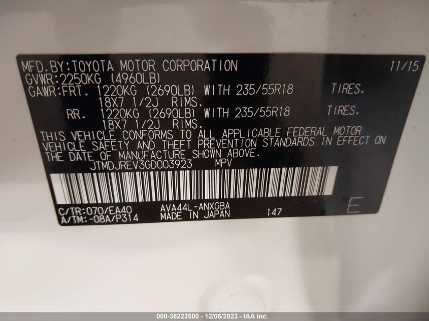 2016 TOYOTA RAV4 HYBRID LIMITED JTMDJREV3GD003923