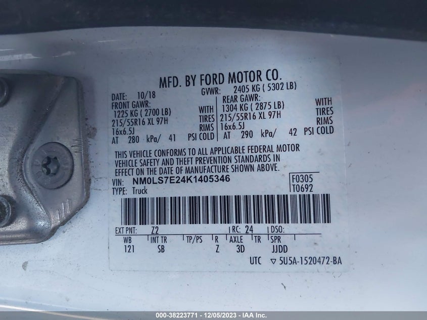 VIN NM0LS7E24K1405346 2019 FORD TRANSIT CONNECT XL