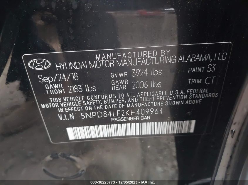 VIN 5NPD84LF2KH409964 2019 HYUNDAI ELANTRA SEL/VALUE/LIMITED