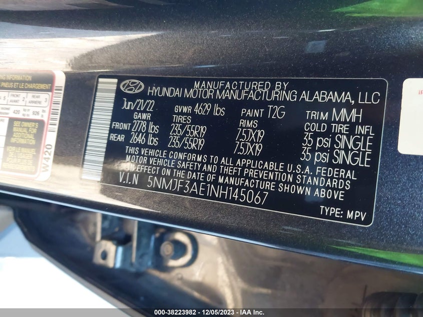VIN 5NMJF3AE1NH145067 2022 HYUNDAI TUCSON SEL