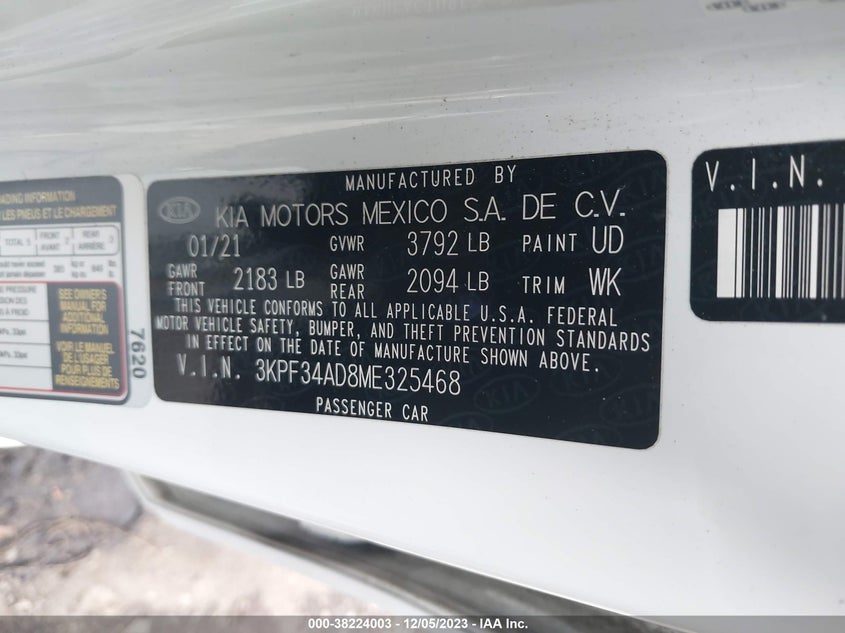 2021 KIA FORTE 2.0L I4 FI DOHC 16V (VIN: 3KPF34AD8ME325468