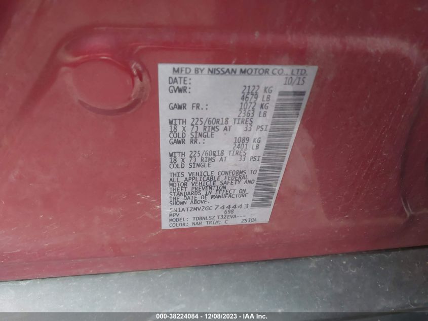 2016 NISSAN ROGUE S/SL/SV - 5N1AT2MV2GC744443