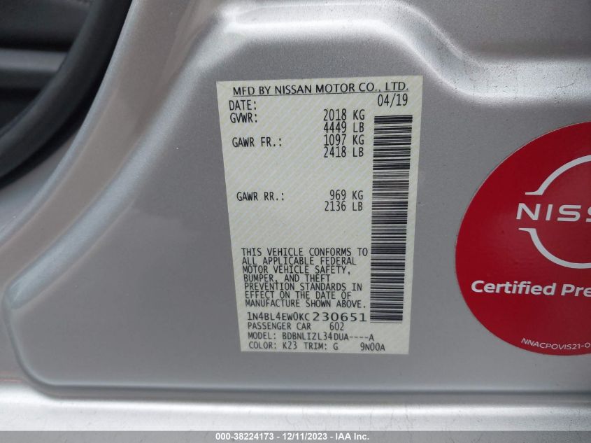 2019 NISSAN ALTIMA 2.5 SL - 1N4BL4EW0KC230651