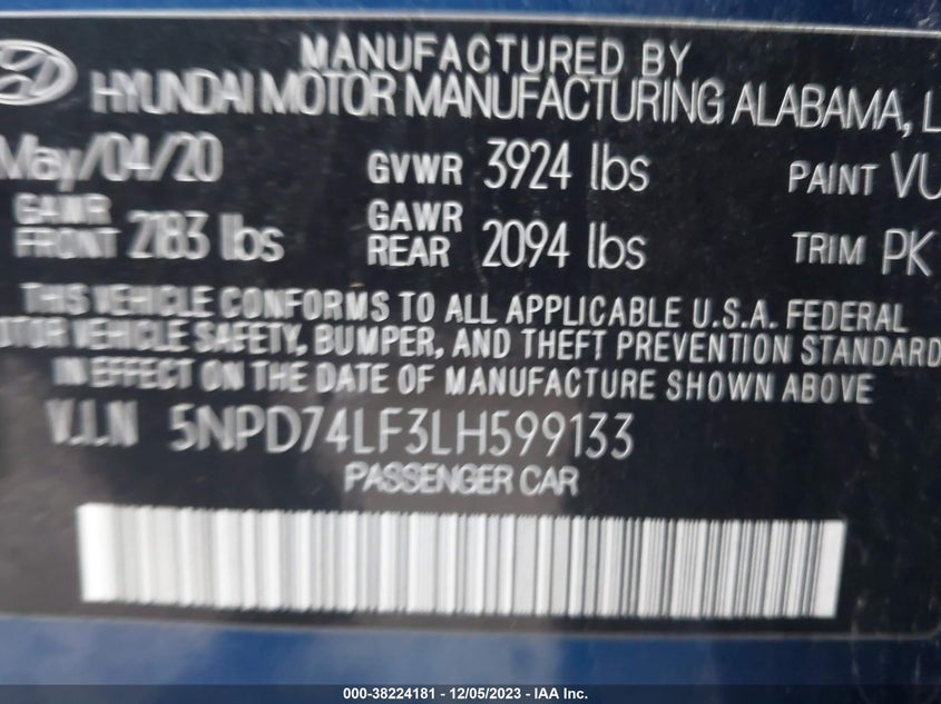 VIN 5NPD74LF3LH599133 2020 HYUNDAI ELANTRA SE