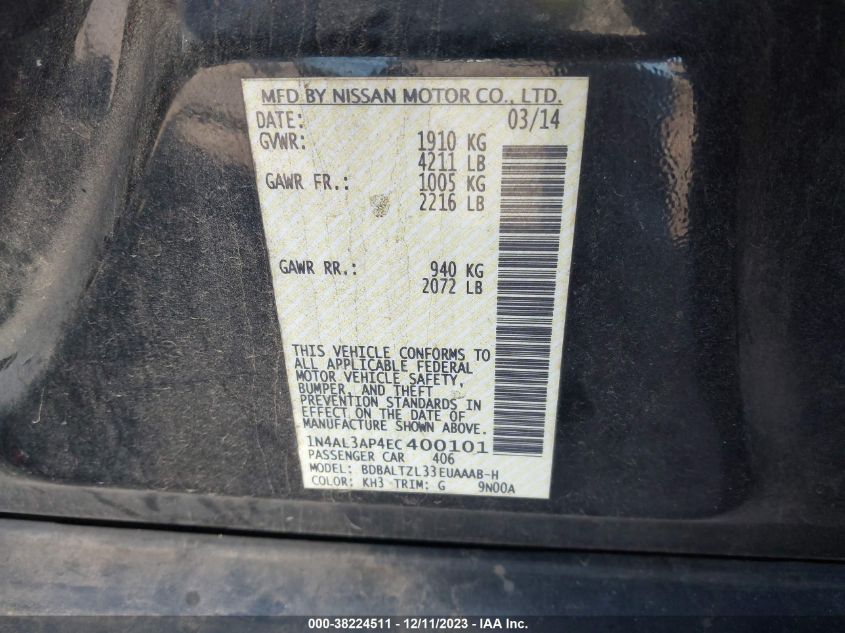 2014 NISSAN ALTIMA 2.5/S/SV/SL - 1N4AL3AP4EC400101