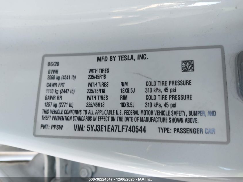 2020 TESLA MODEL 3 - 5YJ3E1EA7LF740544
