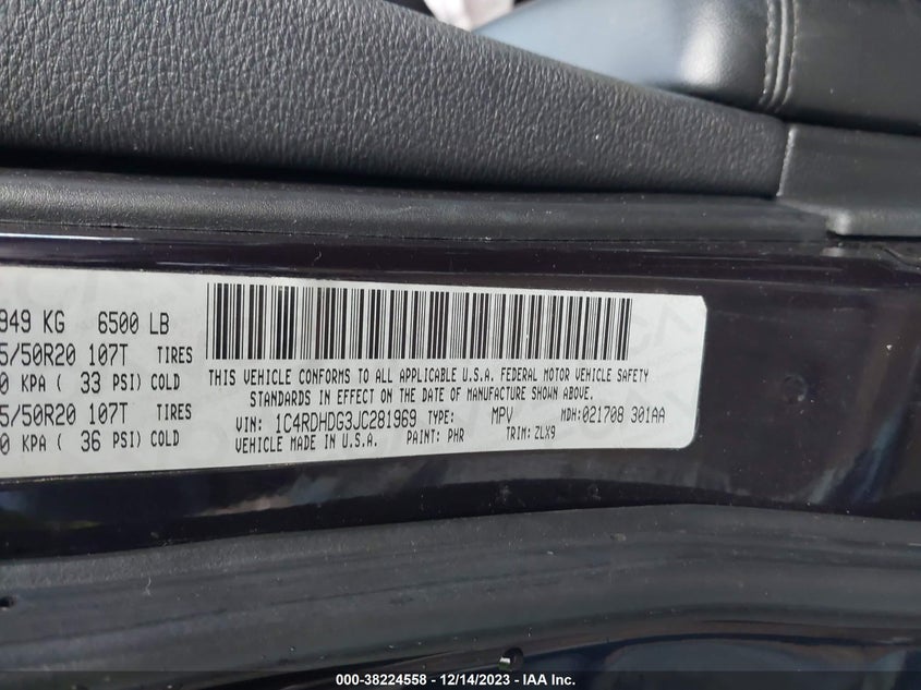 VIN 1C4RDHDG3JC281969 2018 DODGE DURANGO GT
