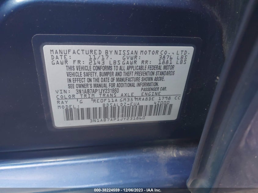 VIN 3N1AB7AP1JY231860 2018 NISSAN SENTRA SV