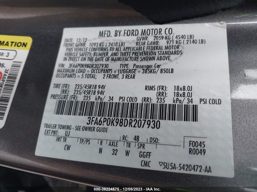 2013 FORD FUSION TITANIUM - 3FA6P0K98DR207930