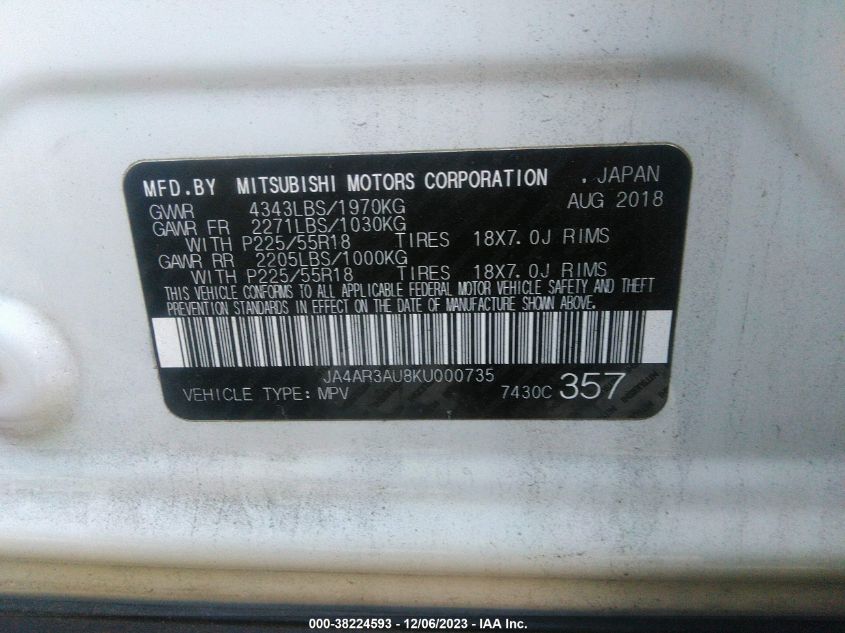 2019 MITSUBISHI OUTLANDER SPORT ES/SE/LE/SP - JA4AR3AU8KU000735