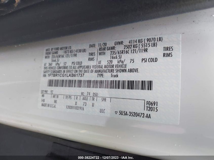 2020 FORD TRANSIT T-250 - 1FTBR1CG1LKB61737