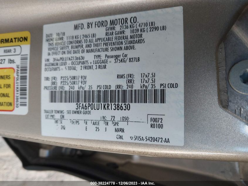 2019 FORD FUSION HYBRID SE - 3FA6P0LU1KR138630
