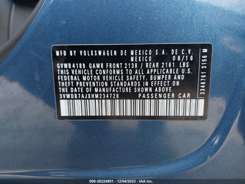 2017 VOLKSWAGEN JETTA 1.4T SE - 3VWDB7AJXHM234728
