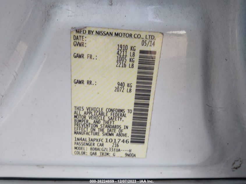 2015 NISSAN ALTIMA 2.5 S - 1N4AL3APXFC101746