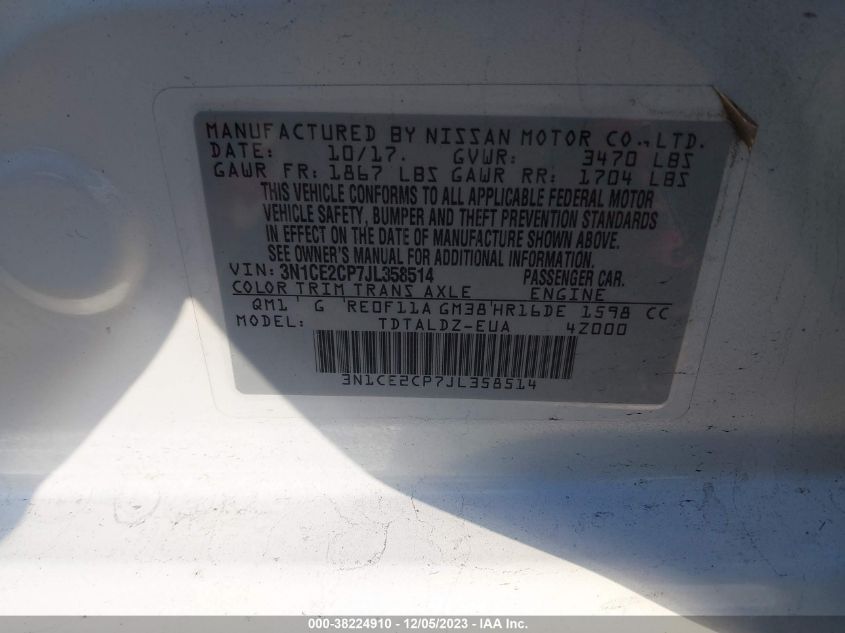 2018 NISSAN VERSA NOTE SV - 3N1CE2CP7JL358514