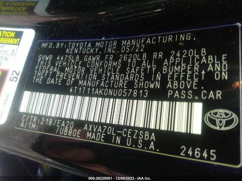 2022 TOYOTA CAMRY SE/NIGHT SHADE - 4T1T11AKDNU057813