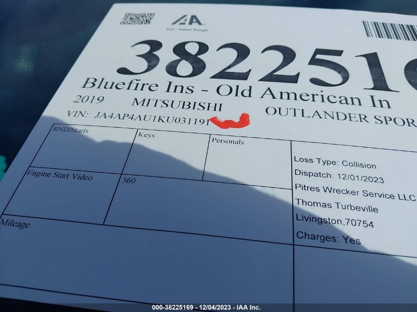 2019 MITSUBISHI OUTLANDER SPORT 2.0 SE - JA4AP4AU1KU031191