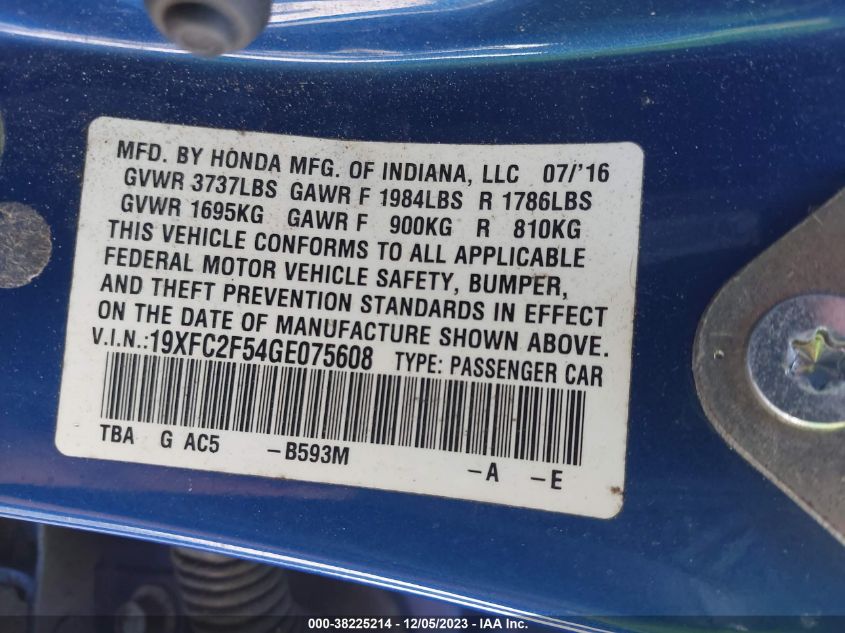 2016 HONDA CIVIC LX - 19XFC2F54GE075608