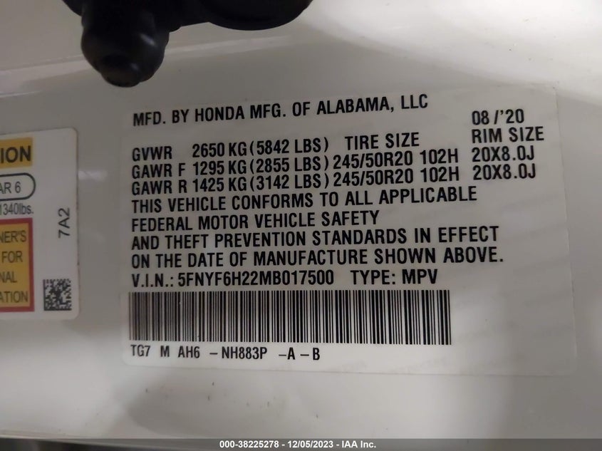 2021 HONDA PILOT 3.5L V6 FI SOHC 24V (VIN: 5FNYF6H22MB017500