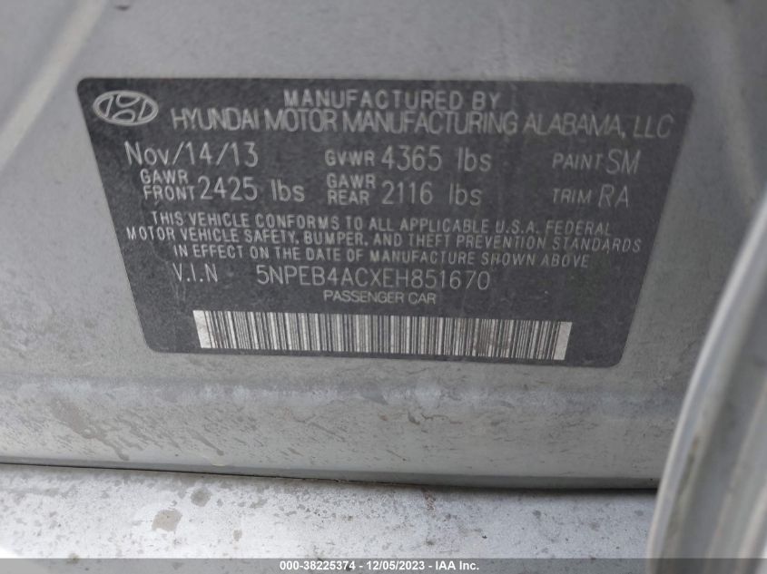 5NPEB4ACXEH851670 | 2014 HYUNDAI SONATA