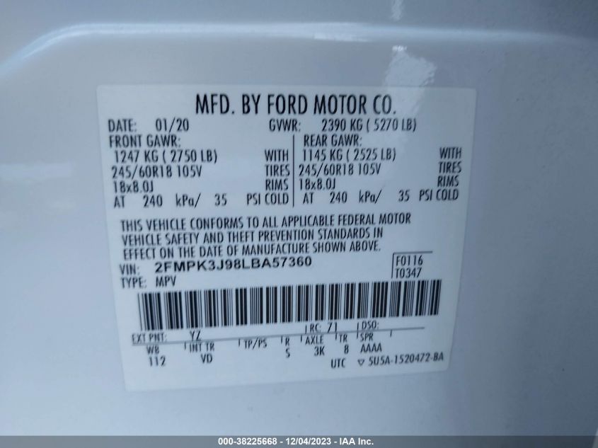 2020 FORD EDGE SEL - 2FMPK3J98LBA57360