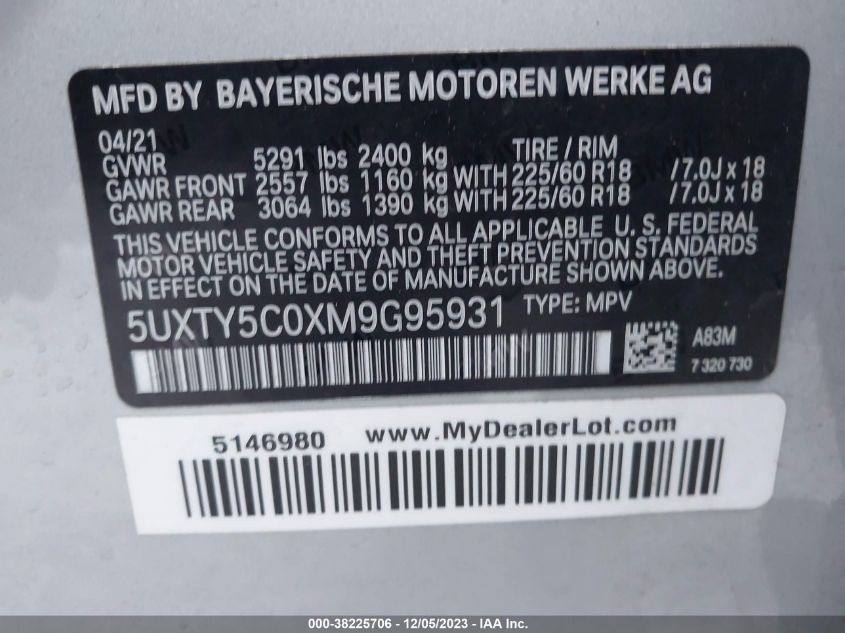 2021 BMW X3 XDRIVE30I - 5UXTY5C0XM9G95931