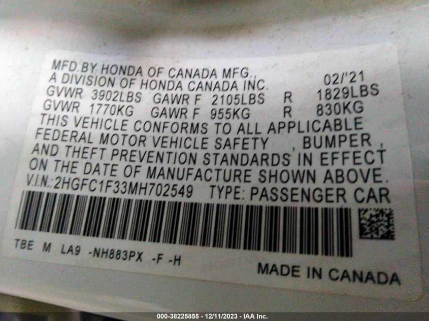 2021 HONDA CIVIC EX - 2HGFC1F33MH702549