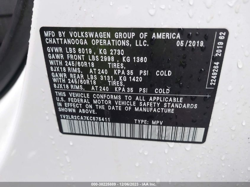 2019 VOLKSWAGEN ATLAS SE - 1V2LR2CA7KC575411