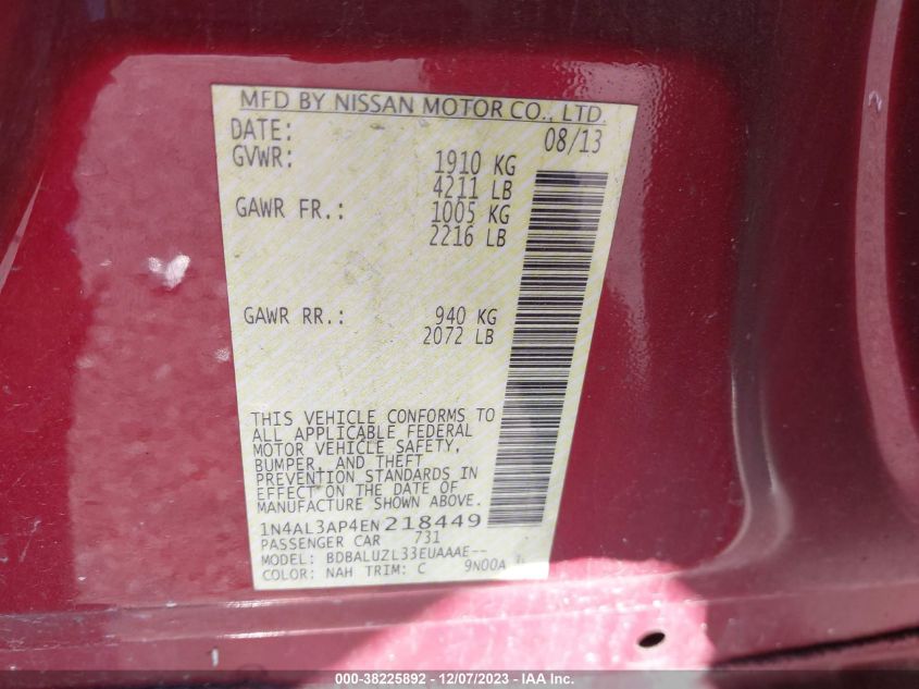 2014 NISSAN ALTIMA 2.5/S/SV/SL - 1N4AL3AP4EN218449