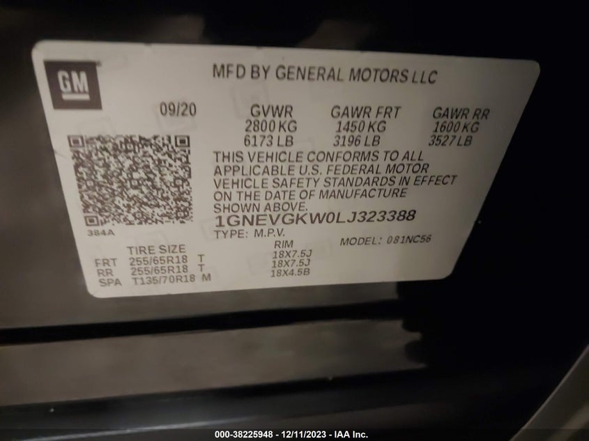 VIN 1GNEVGKW0LJ323388 2020 CHEVROLET TRAVERSE AWD LT CLOTH