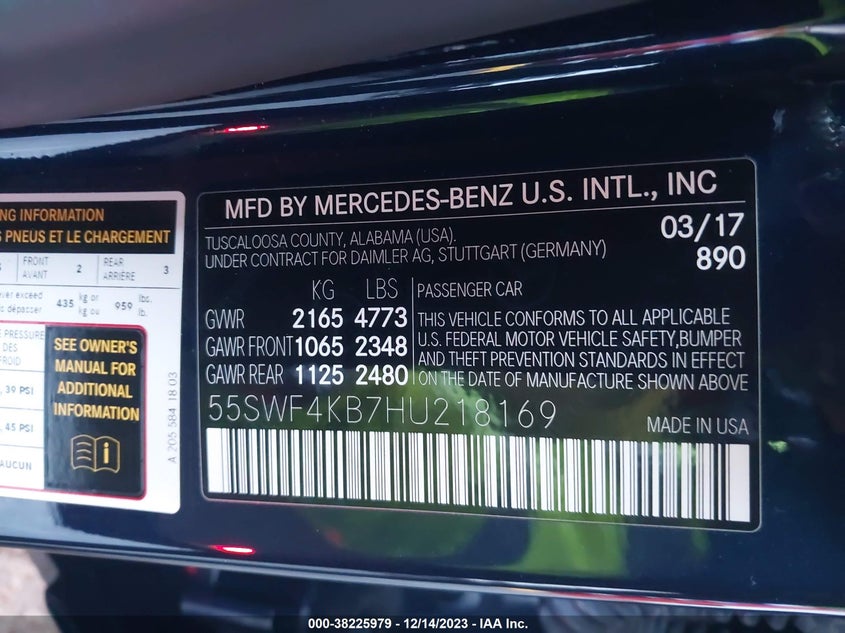 VIN 55SWF4KB7HU218169 2017 MERCEDES-BENZ C 300 4MATIC