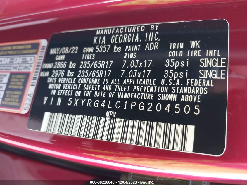 VIN 5XYRG4LC1PG201750 2023 KIA SORENTO no.9