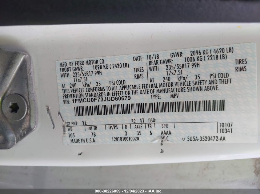 2018 FORD ESCAPE S - 1FMCU0F73JUD60679