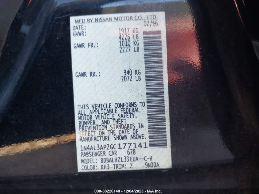 2016 NISSAN ALTIMA 2.5/S/SV/SL/SR - 1N4AL3AP2GC177141